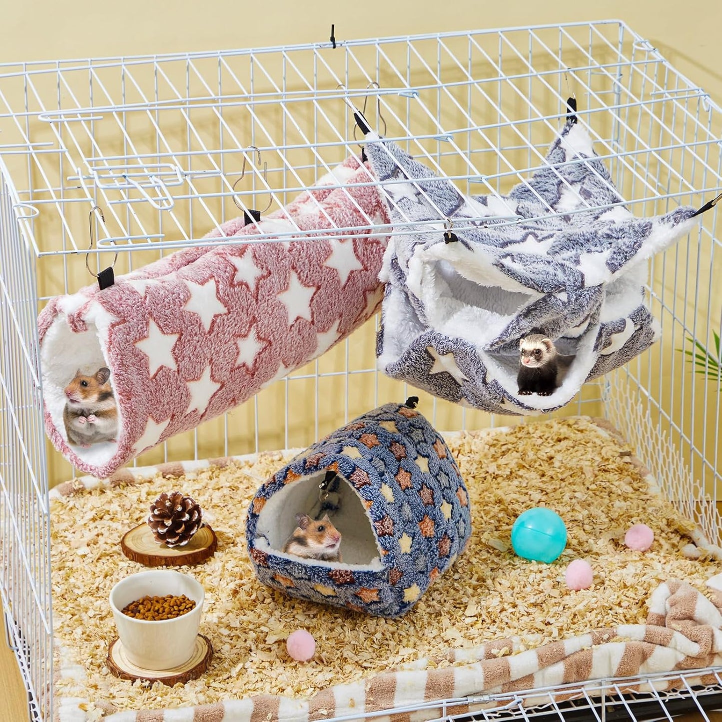 Abbylike 9 Pieces Rat Hammock 3 Tier Guinea Pig Ferret Hammocks Small Pet Hanging Tunnel Glider Toy Guinea Pig Ferret Hideout Bed Cage Accessories for Hamster(Navy,Grey,Pink,Star)