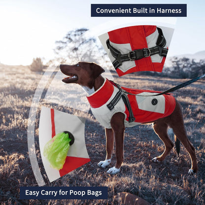 IECOii Dog Coat with Harness Built in - Red, Large - Waterproof Winter Coat, Fleece Lined Snow Jacket for Dogs