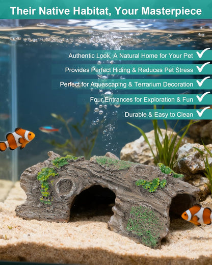 TRUVIC Fish Tank Decorations - Aquarium Cave Decor, Resin Hollow Tree Trunk Reptile Hide & Betta Log Hideout for 20 Gallon Tank, Fish Accessories Shelter Cave