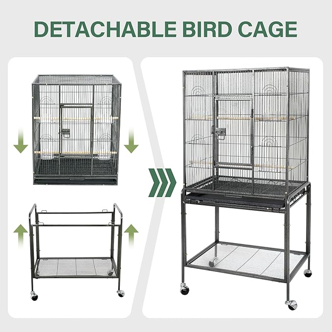 ZENY 53-Inch Bird Flight Cage, Wrought Iron Standing Large with Rolling Stand for Cockatiels Pet Parrot Parakeet Lovebird Canary Finch (Black)