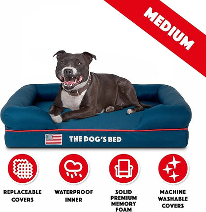The Dog’s Bed, Medium Blue Oxford with Red Trim USA Flag Dog Bed, Memory Foam, Pain Relief, Post Surgery, Lameness, Supportive, Calming, Waterproof Washable Cover