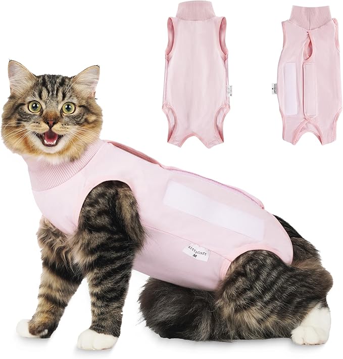 KittyCraft Cat Recovery Suit - Strangle-Proof Post Surgery Cat Onesie, Cat Post-Surgery Suit (Medium, Pink)