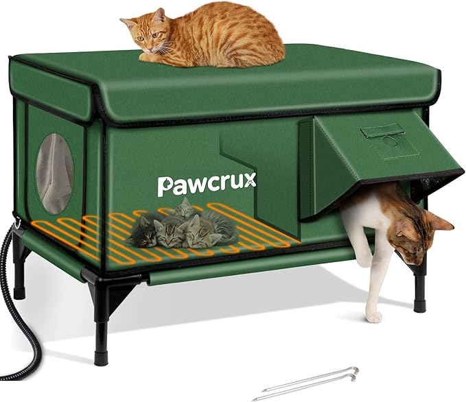 Weatherproof Heated Cat House for Outdoor in Winter, Heated Cat Bed Kitty Shelter with Cat Heating Pad, Insulated & Safe Escape Door, Warm House for Outside Stray Cat (Green, 17"x25"x17")