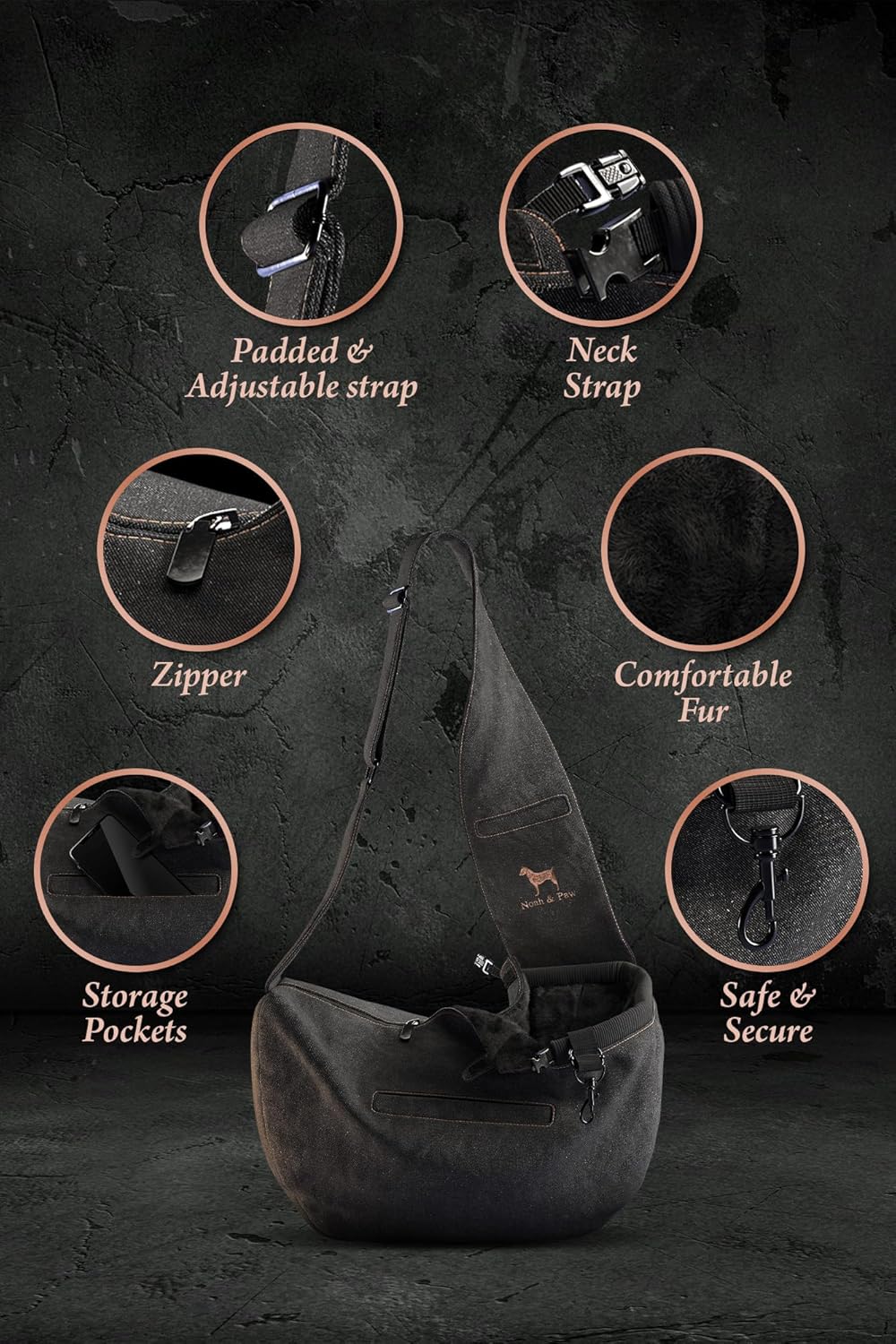 Noah & Paw Dog Sling Carrier for Small Dogs 5-18lb, Dog Sling for Small Dogs and Cats, Dog Carrier with Adjustable Padded Strap, Denim Lined with Fur, 3X Safety Features, Machine Washable