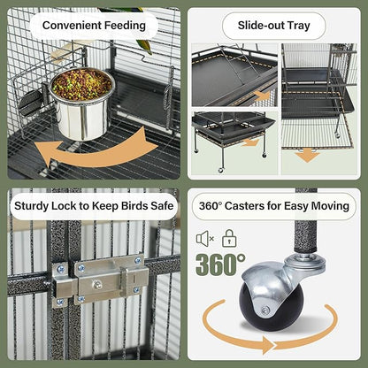 ZENY 68-Inch Birdcage, Playtop Parrot Cage, Wrought Iron Bird Cage with Rolling Stand, Heavy-Duty Pet Bird House for Parrot Cockatiel Cockatoo Parakeet Macaw Finches, Black
