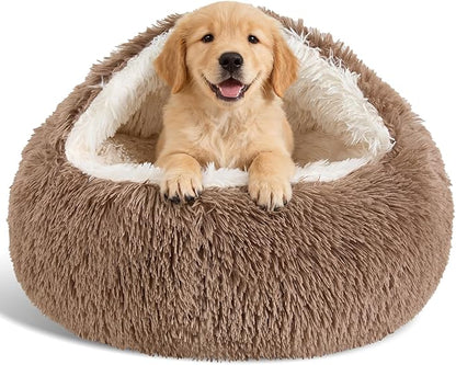 Calming Dog Beds & Cat Cave Bed with Hooded Cover,Removable Washable Round Beds for Small Medium Pets,Anti-Slip Faux Fur Fluffy Coved Bed for Improved Sleep,Fits up to 15/25 lbs(Khaki,M)