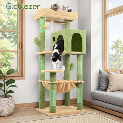 Globlazer Cactus Cat Tree Tower with Scratching Post for Indoor Cats, 53inch Tall Plush Multi-Level Cat Climbing Tower Condo with Large Hammock, Spacious Cat Cave, Padded Top Perch Bed, F53, Green