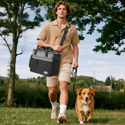 Dog Travel Bag for Pet Kit for Supplies with 2 Food Storage Containers 2 Collapsible Bowls 1 Feeding Mat 1 Dog Treat Pouch 7-Piece Set Perfect Road Trips Camping Weekend or Doggy Gift, Black