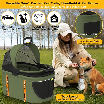 PAWZIDEA Pet Stroller 4 in 1, Dog Strollers with Detachable Carrier No-Zip Canopy, Portable Pet Crate for Car Seat Travel, Foldable & Lightweight Jogger for Small/Medium Dogs and Cats, Storage Basket