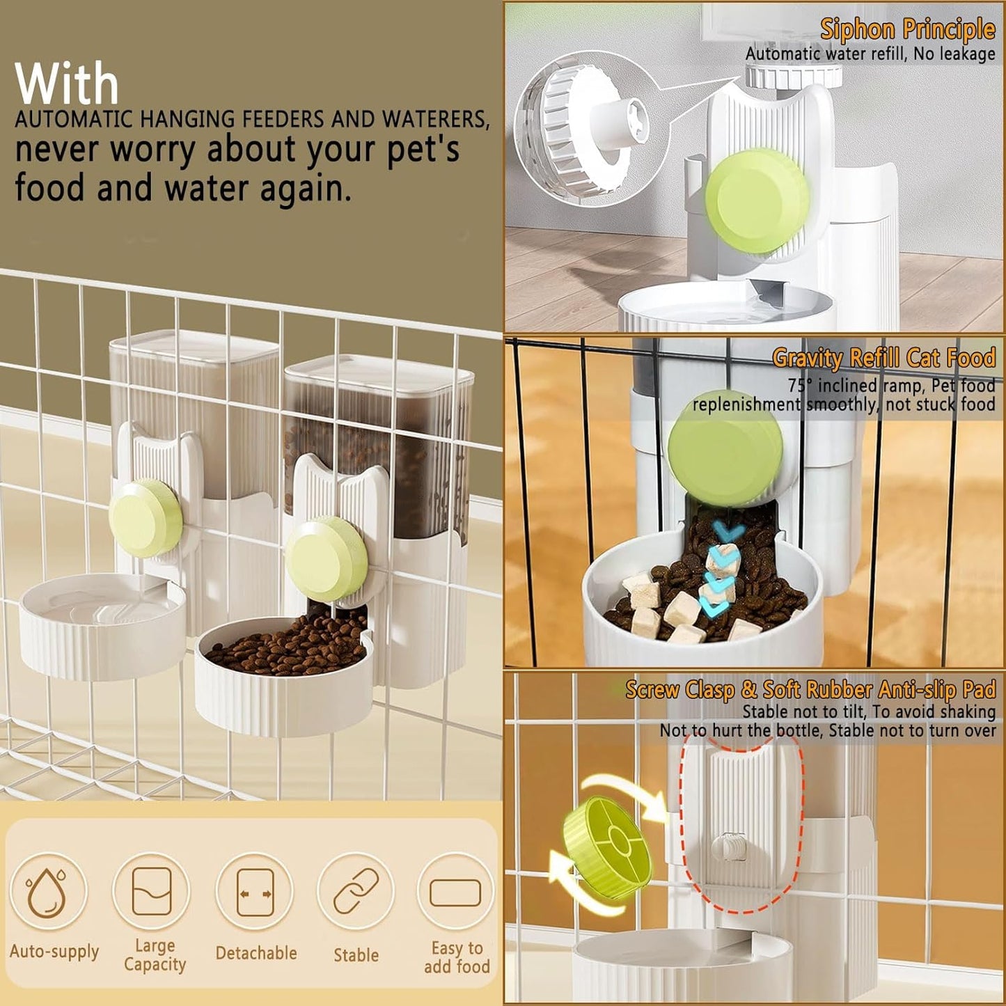 kathson Hanging Automatic Pet Food and Water Dispenser,Gravity Auto Rabbit Feeder for Cage,Guinea Pig Feeder and Waterer Set,Cat Food Bowl Dog Feeding Station for Bunny,Ferret,Chinchilla (Green)