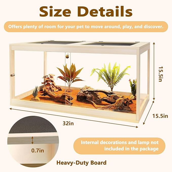 Prolee 34 Gallon Reptile Terrarium Tank 32 Inch Lizard Tank Bearded Dragon Tank with Metal Mesh Roof Door, Snake Tank with Lock Design, 32" Length