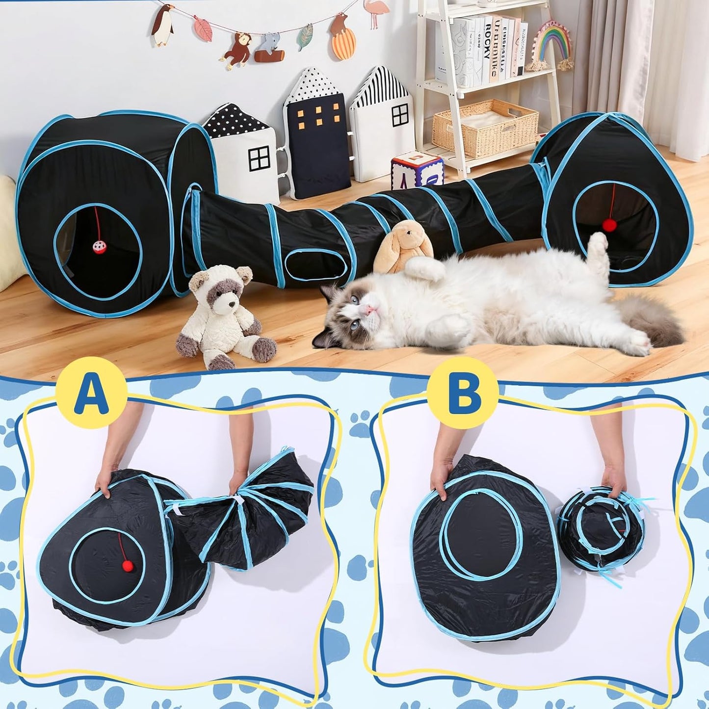 Pet Cat Tunnel, Tunnel Tent Set Tunnels for Indoor Cats, Collapsible Pet Tunnel for Kitten, Puppy, Rabbit, 25cm-Wide Tunnels, Durable & Breathable, with Peek Hole Toy Ball