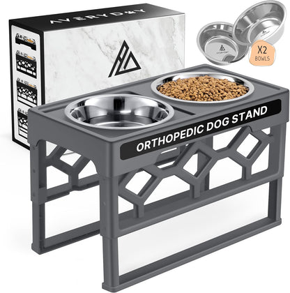 AVERYDAY Large Dog Bowls Elevated, 4 Height Adjustable Raised Dog Bowl Stand with 2 Stainless Steel Food and Water Bowls Set, Tall Dogs Feeding Station with Anti-Slip Base for Medium Large Breeds Dogs