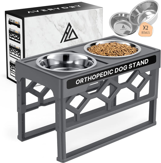 AVERYDAY Large Dog Bowls Elevated, 4 Height Adjustable Raised Dog Bowl Stand with 2 Stainless Steel Food and Water Bowls Set, Tall Dogs Feeding Station with Anti-Slip Base for Medium Large Breeds Dogs