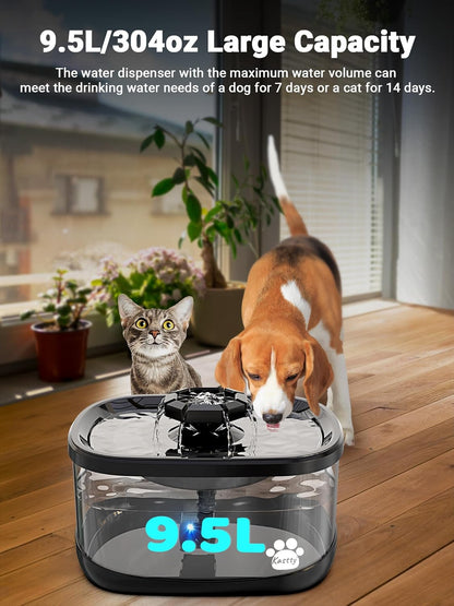 Kastty 2.5Gal/9.5L Dog Water Fountain 3 Flow Modes Cat Fountain with 2 Flower Spouts& 7" Larger Filter Super Filtration& Smart 3 in 1 LED Safe Pump, BPA-Free, Quiet for Large Dogs& Multi Pets(FS68)