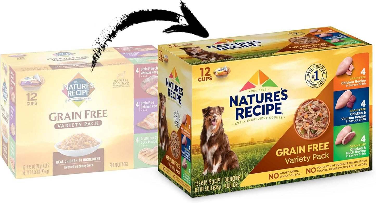 Nature’s Recipe Grain Free Chicken Recipe, Chicken & Venison Recipe and Chicken & Duck Recipe in Savory Broth Variety Pack Wet Dog Food, 12-2.75 oz. Cups, 2 Count