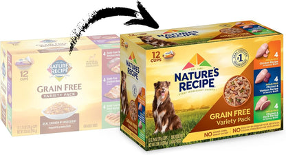 Nature’s Recipe Grain Free Chicken Recipe, Chicken & Venison Recipe and Chicken & Duck Recipe in Savory Broth Variety Pack Wet Dog Food, 12-2.75 oz. Cups, 2 Count