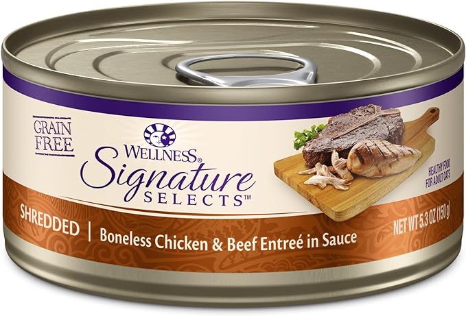 Wellness CORE Signature Selects Shredded Adult Wet Cat Food, Natural, Protein-Rich, Grain Free, 5.3 Ounce, 12 Pack (Chicken & Beef Entree)