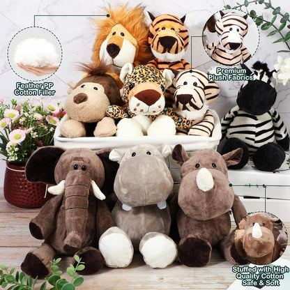 HyDren 20 Pcs Safari Stuffed Animals - 11.8'' Plush Jungle Wild Animals Cute Elephant, Giraffe, Lion, Tiger, Monkey Stuff Animals Soft Plush Animals in Bulk - Toy for Toddler, Baby Jungle Party