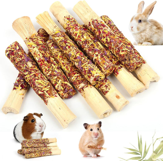 Abizoo Natural Rabbit Chew Toys - 10 Sweet Bamboo Sticks for Rabbits, Guinea Pigs, Chinchillas & Hamsters - Healthy Wooden Snacks for Teeth