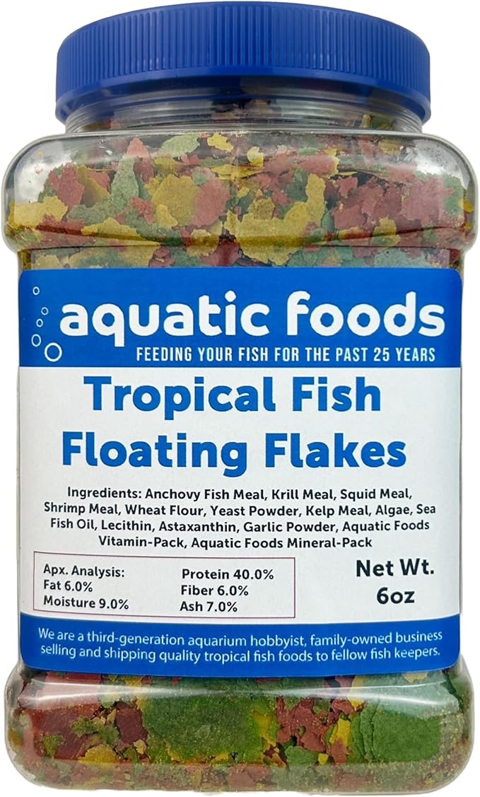 Aquatic Foods Inc. Premium Tropical Fish Flakes, for All Community Tropical Fish, Cichlids and Pond Fish. AFI Tropical Flakes…6oz Med Jar