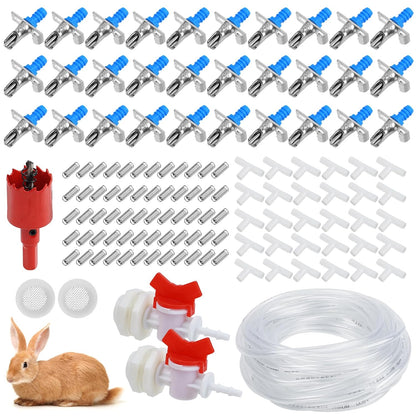 Automatic Rabbit Watering System,Rabbit Waterer Kits-Includes 66 ft 5/16’’Hose,30 PCS Drinking Nipple,Hole Opener,Barb Fittings to G1/2’’Thread Connectors,T-Fittings,Springs,Gaskets