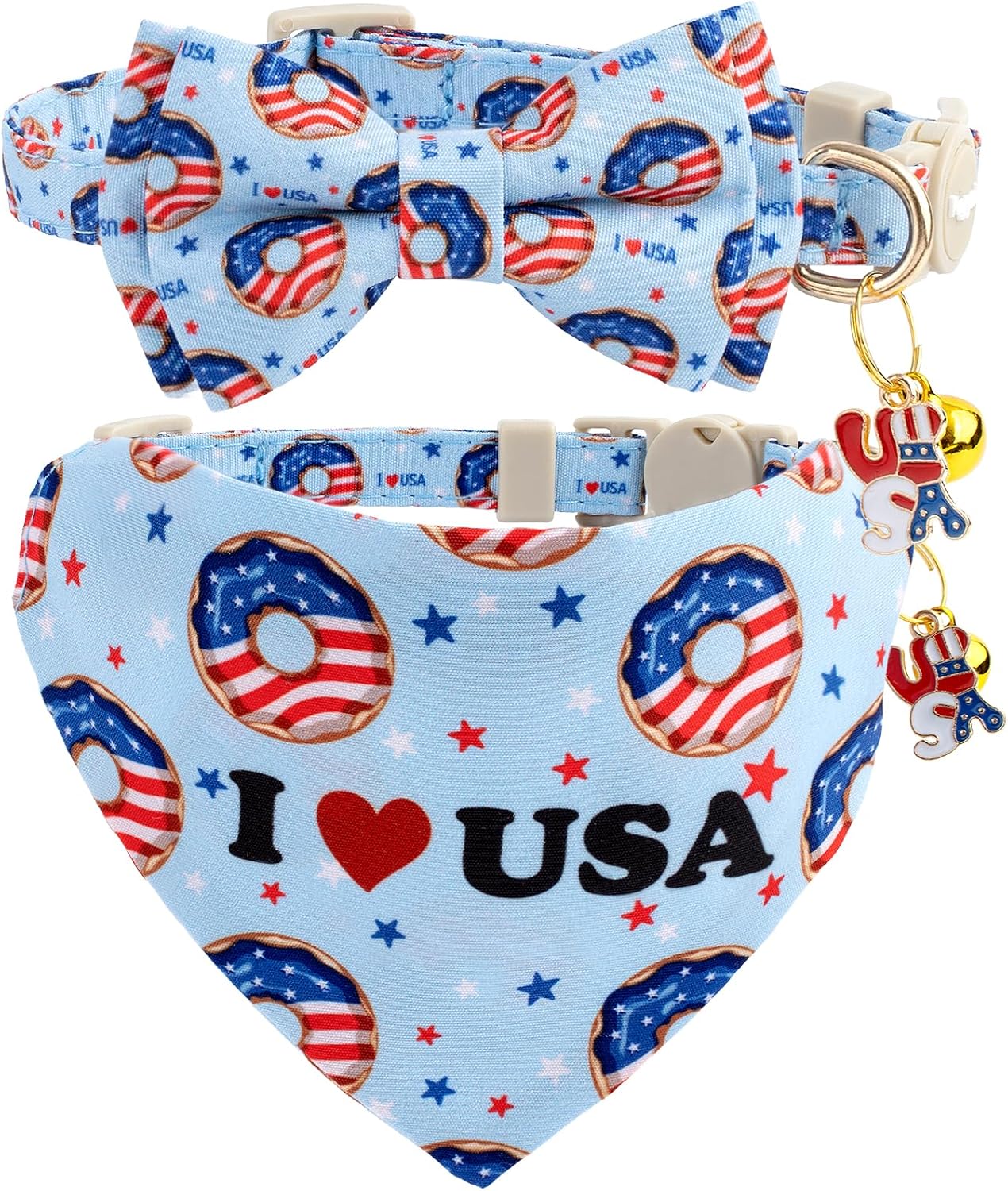 Faygarsle 2 Pack Patriotic Cat Collar Set with Bandana and Bow Tie, USA Flag Donuts Pattern, Light Blue