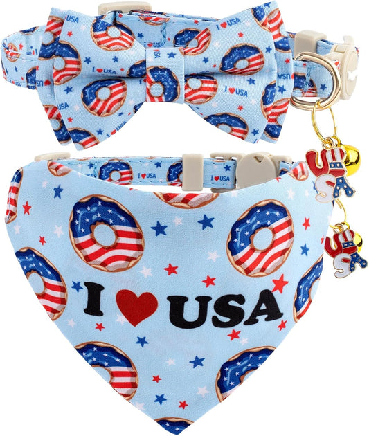 Faygarsle 2 Pack Patriotic Cat Collar Set with Bandana and Bow Tie, USA Flag Donuts Pattern, Light Blue