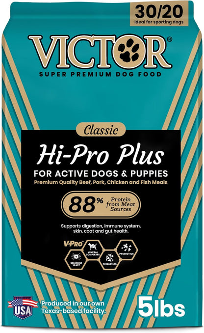 VICTOR Super Premium Dog Food – Hi-Pro Plus Dry Kibble – High Protein Dog Food with 30% Protein – Beef, Chicken, Pork, Fish Meals, Gluten Free - for High Energy and Active Dogs & Puppies, 5lbs