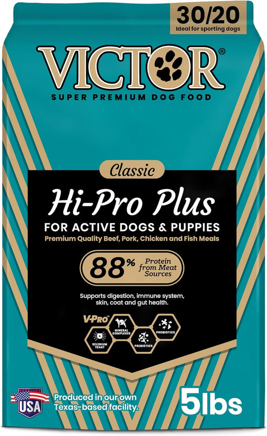 VICTOR Super Premium Dog Food – Hi-Pro Plus Dry Kibble – High Protein Dog Food with 30% Protein – Beef, Chicken, Pork, Fish Meals, Gluten Free - for High Energy and Active Dogs & Puppies, 5lbs