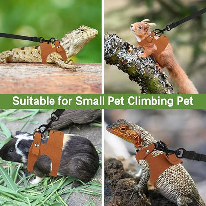 Bearded Dragon Harness Leash Set 3 Size Adjustable Lizards Training Walking Leather Vest Escape-Proof Traction Rope for Outdoor Small Reptiles Animal Squirrels (Brown)