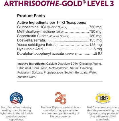 NaturVet – ArthriSoothe-Gold Advanced Care Liquid | Level 3 Advanced Joint Care | Supports Healthy Hip & Joint Function | Enhanced with Glucosamine, MSM & Chondroitin | For Dogs & Cats | 16 oz Liquid
