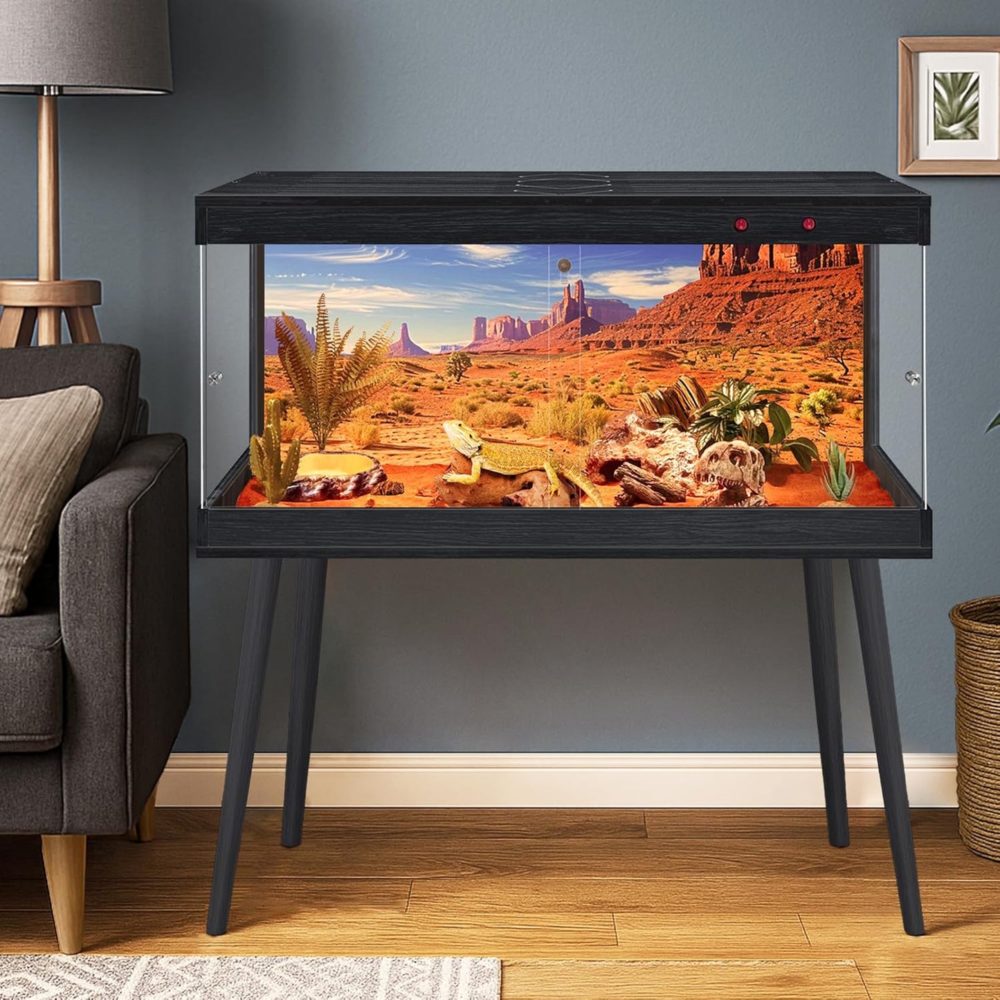 Royxen Tempered Glass Bearded Dragon Tank,33 Gallon Reptile Tank with Leg Stand,Built-in Lighting Reptile Enclosure Scartch-Proof Bearded Dragon Encloure for Chameleon,Lizard(Black,32"x 16"x 16")