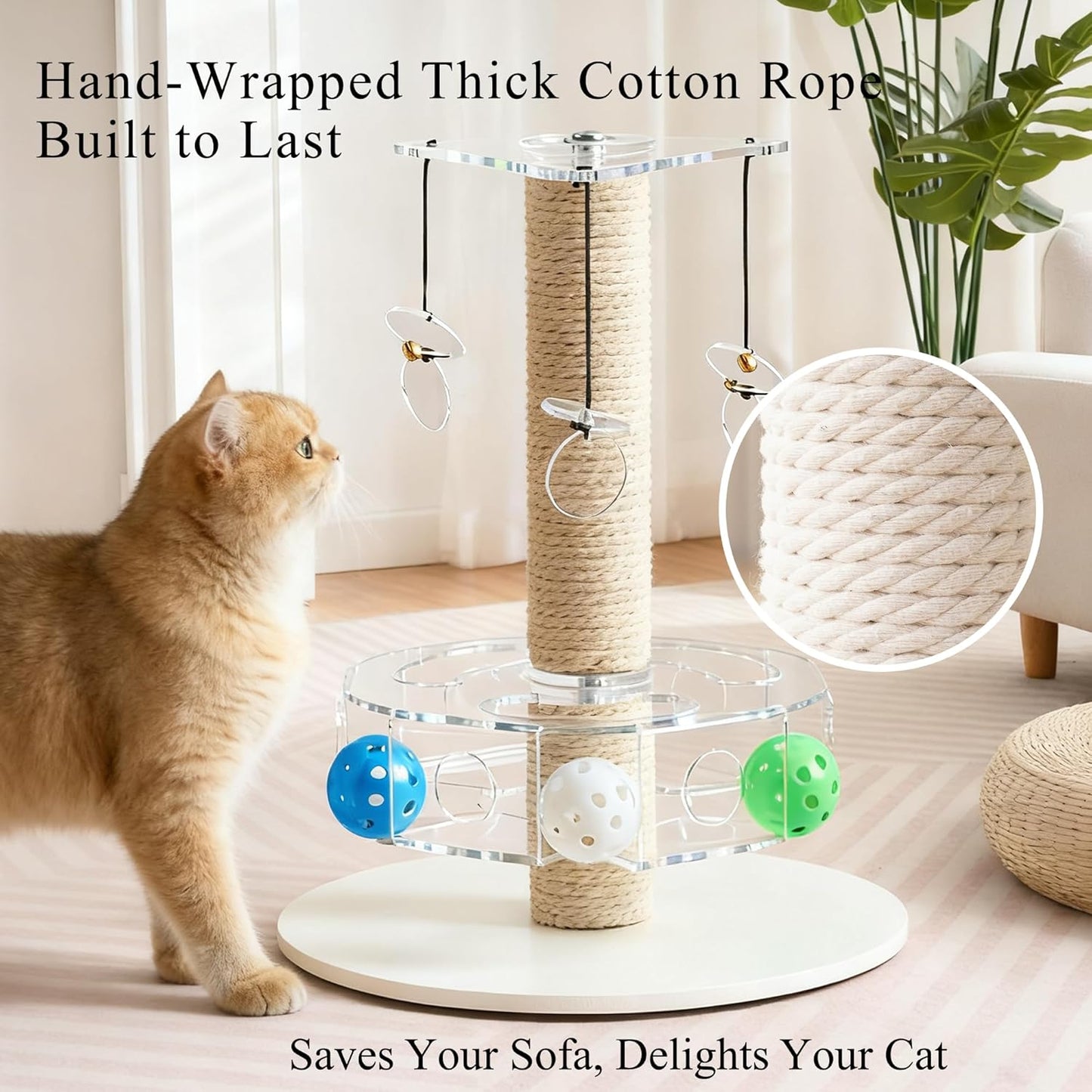 Modern 3-in-1 Interactive Cat Toy with Scratching Post, Rotating Cat Puzzle Toys for Indoor Cats with Colorful Jingle Balls, Spinning Teaser Disc with Dangling Toys, Acrylic, White
