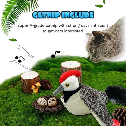 Cat Toys, Flapping Wings Woodpecker, No Flying, Chirping Bird Interactive Catnip Toy for Kitten or Small Dogs, Touch Activated, Rechargeable