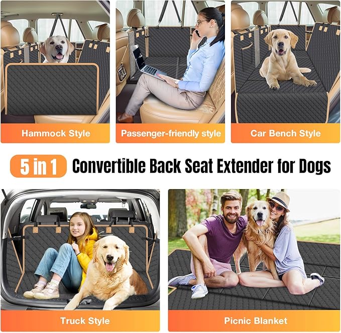 Dog Car Seat Cover for Back Seat, Dog Car Bed Cover with Strong Hard Bottom 4 Panels, Back Seat Extender Hammock for Cars SUV Truck Black Color