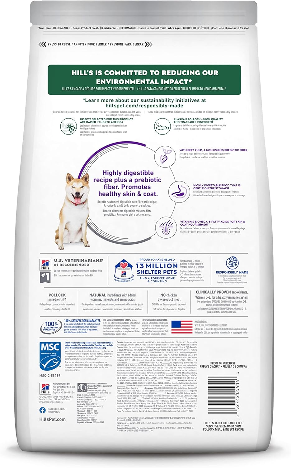 Hill's Science Diet Sensitive Stomach & Skin, Adult 1-6, Stomach & Skin Sensitivity Support, Dry Dog Food, Pollock, Barley, & Insect Recipe, 12 lb Bag