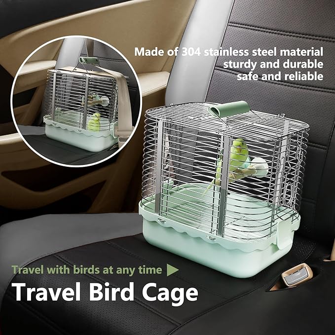 Bird Carrier Travel Cage, Durable Portable Stainless Steel Birdcage with Bird Perch & Feeding Bowl for Parrots Canaries Budgies Lovebirds Conures Cockatiels (Small Light Green)