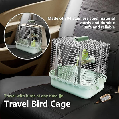 Bird Carrier Travel Cage, Durable Portable Stainless Steel Birdcage with Bird Perch & Feeding Bowl for Parrots Canaries Budgies Lovebirds Conures Cockatiels (Small Light Green)