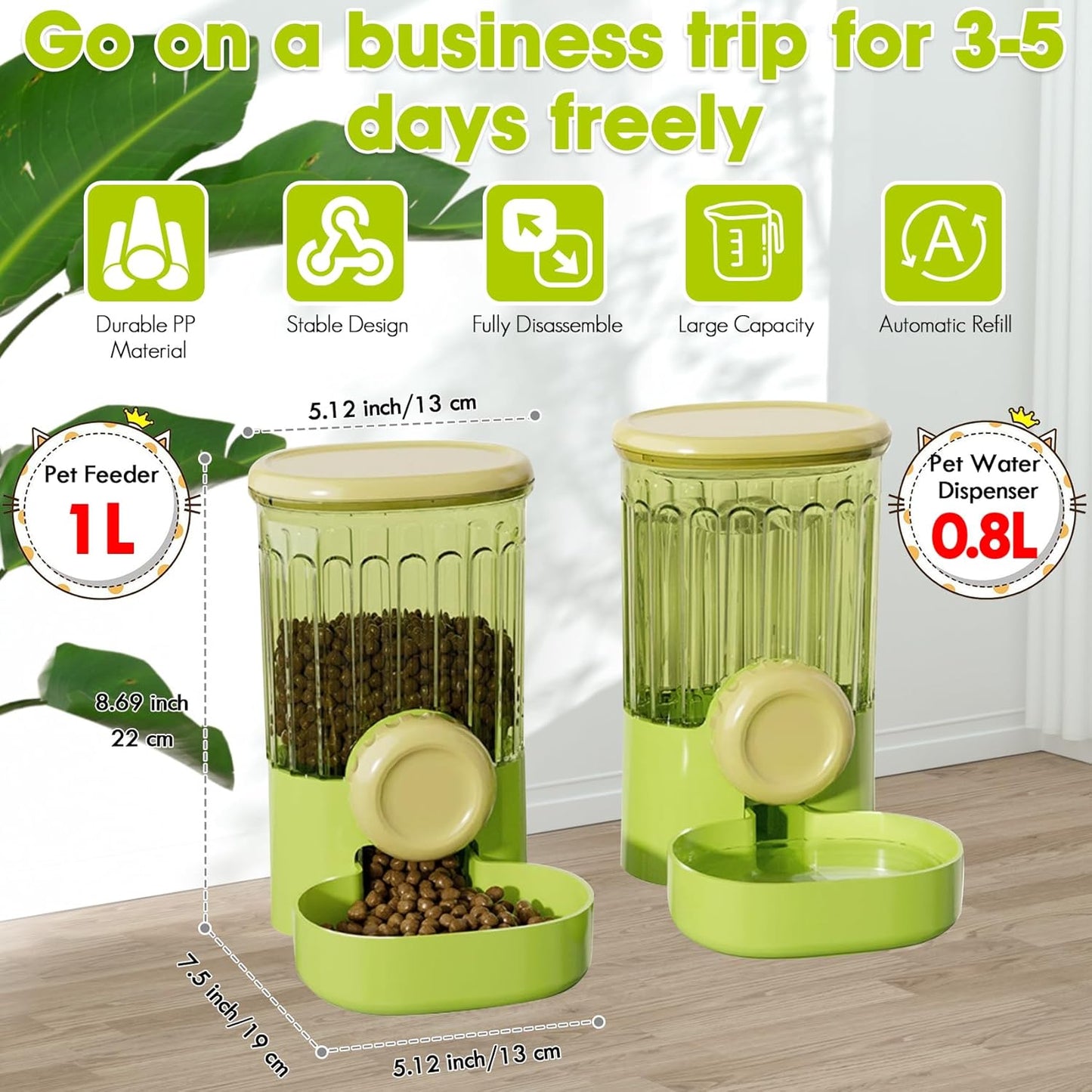 Hanging Small Pet Feeder and Water Dispenser, 1L Auto Cat Food Bowl and 0.8L Water Bottle Dispenser, Auto Gravity Pet Feeder and Waterer Set for Puppy, Kitten, Rabbit and Small Pets (Green)