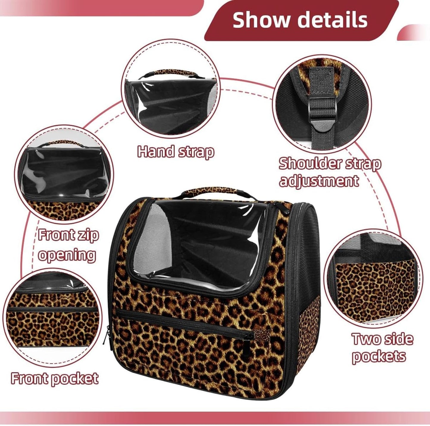 Portable Travel pet Backpack Carrier Hamster Bag Small Dog cat Carrier Breathable Hang Bag, Brown Leopard Print