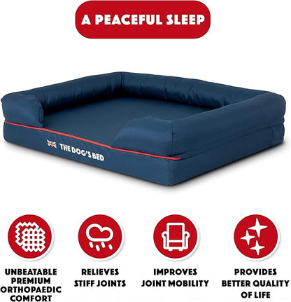The Dog’s Bed Orthopedic Dog Bed Medium Blue Oxford with Red Trim UK Flag Dog Bed, Memory Foam, Pain Relief, Post Surgery, Lameness, Waterproof Washable Cover Cover