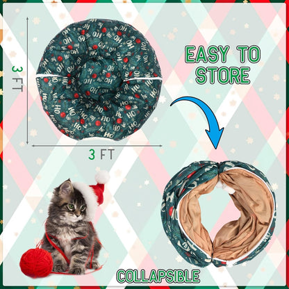 Christmas Cat Tunnel Bed for Indoor Cats Under Christmas Tree Skirt Tube with Hanging Ball Plush Cat Cave, Washable Holiday Pet Gift Toy & Gift for Kittens(Pine Branch)