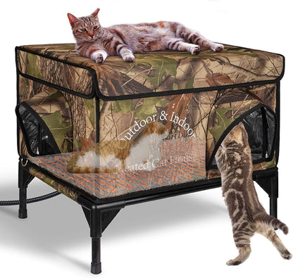 Heated Cat House for Outside Cat in Winter, Insulated Outdoor Feral Cat Shelter with Cat Heating Pad, 2 Doors,Elevated Waterproof Heated Kitty House (Camouflage, 21.5"x16.5"x18")