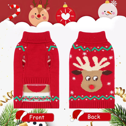 Christmas Dog Turtleneck Sweater Winter Reindeer Snowflake Sweater with Leash Hole Puppy Knitwear Pullover Holiday Sweaters for Small Medium Large Dogs SM