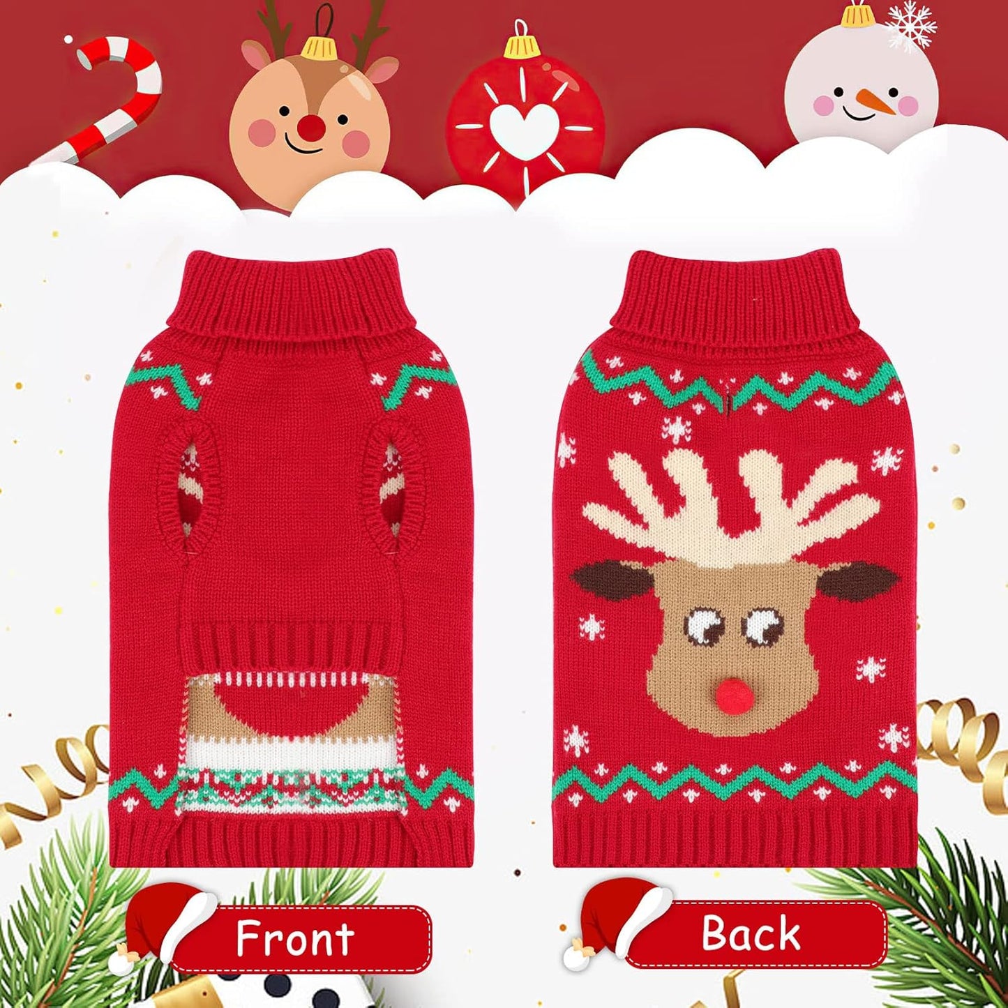 Christmas Dog Turtleneck Sweater Winter Reindeer Snowflake Sweater with Leash Hole Puppy Knitwear Pullover Holiday Sweaters for Small Medium Large Dogs S