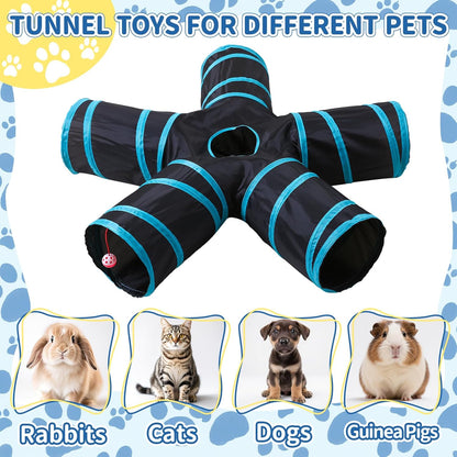 Pet Cat Tunnel, 5 Way Tunnels for Indoor Cats, Collapsible Pet Tunnel for Kitten, Puppy, Rabbit, 25cm-Wide Tunnels, Durable & Breathable, with Peek Hole Toy Ball