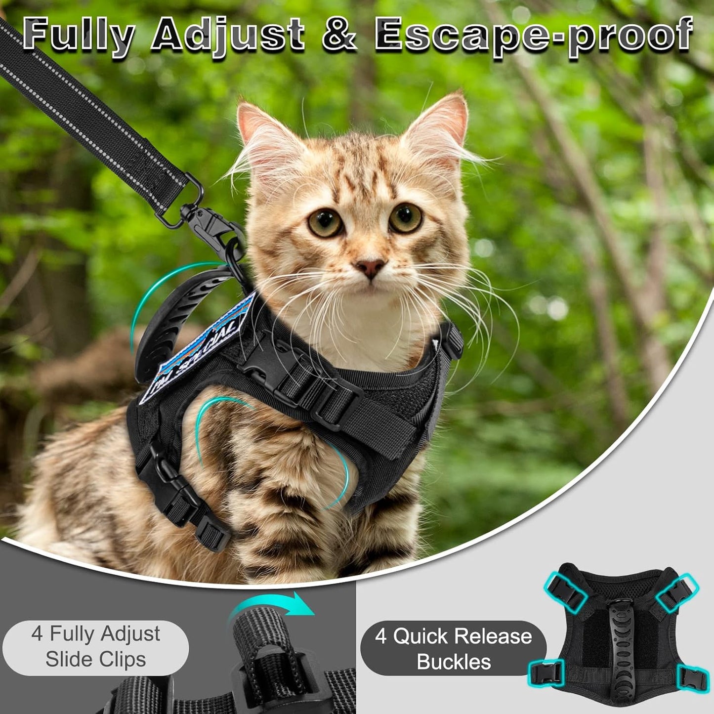 Tactical Cat Harness and Leash for Walking Esacpe Proof,Adjustable Soft Mesh Large Cat Vest with Rubber Handle Easy to Control,Molle Patches