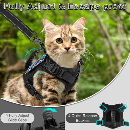 Tactical Cat Harness and Leash for Walking Esacpe Proof,Adjustable Soft Mesh Large Cat Vest with Rubber Handle Easy to Control,Molle Patches