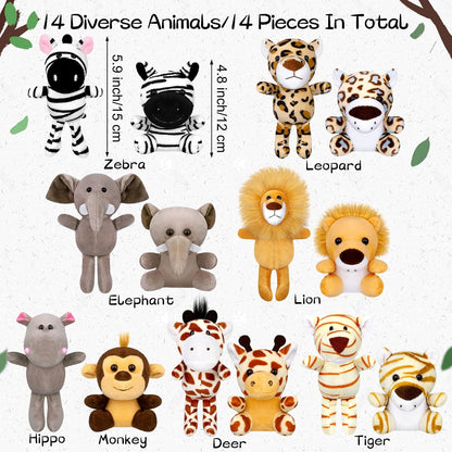 Elcoho 14 Pieces Safari Jungle Animal Plush Toys Small Stuffed Forest Animals Plush Toys 5.9 Inch and 3.75 Inch Keychain Decorations for Animal Themed Parties Goody Bags(Standing,Sitting)